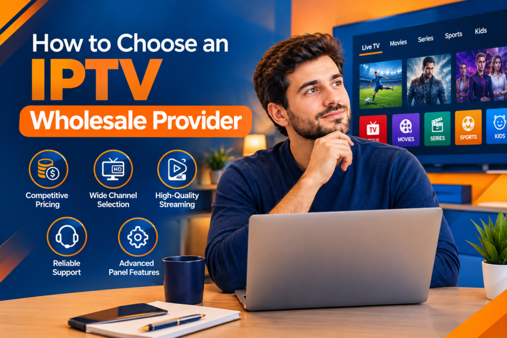 How to Choose an IPTV Wholesale Provider – IPTV reseller guide with blue and orange design, streaming TV, pricing, channel selection, and reseller support.